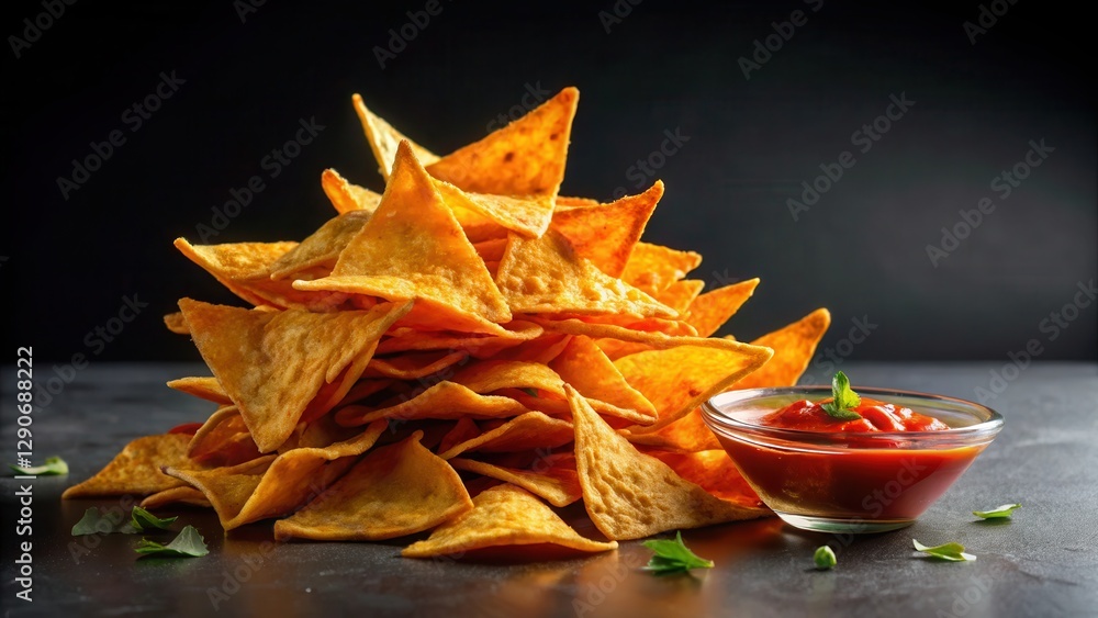 Fototapeta premium Pile of Nacho Chips with Spicy Sauce on Black Background, pile, dark background, pile,dark background, food, spicy sauce