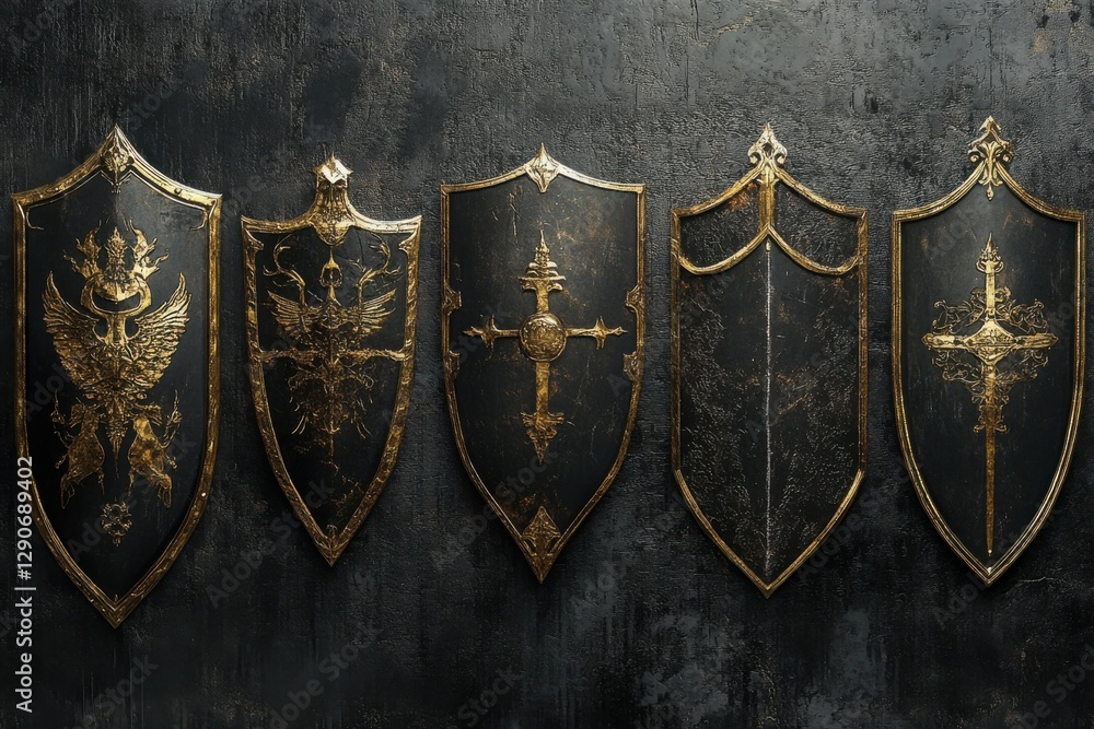 Fototapeta premium Escudos de Oro: Defensa Dorada en Fondo Abstracto de Metal Negro