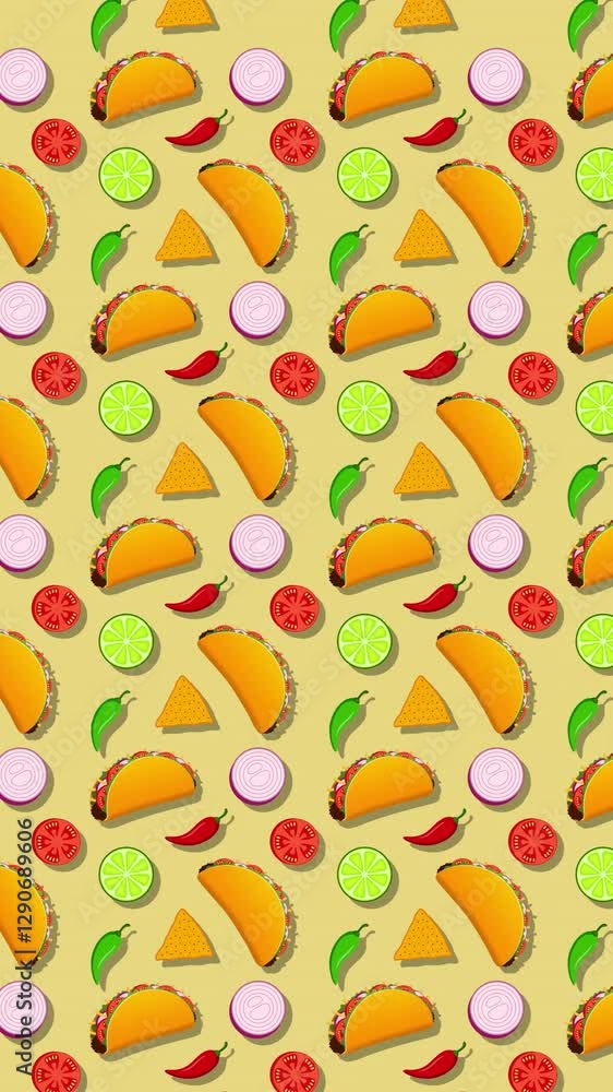 Mexican Food Vertical Pattern On Yellow Background Loop Mexican Food Vertical Pattern On Yellow Background Loop