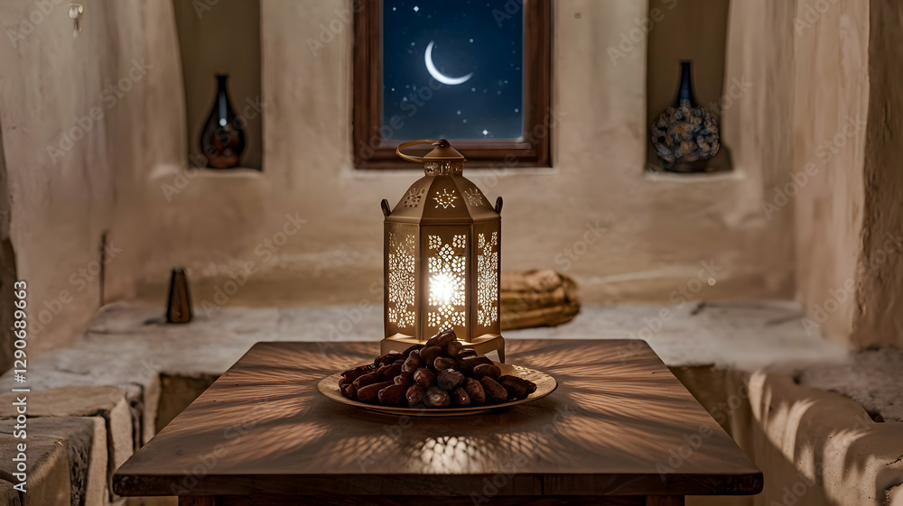 A wooden table with a plate of dates and an Arabic lantern. A crescent moon can be seen in the background through a window. Islamic ramadan month of fasting.