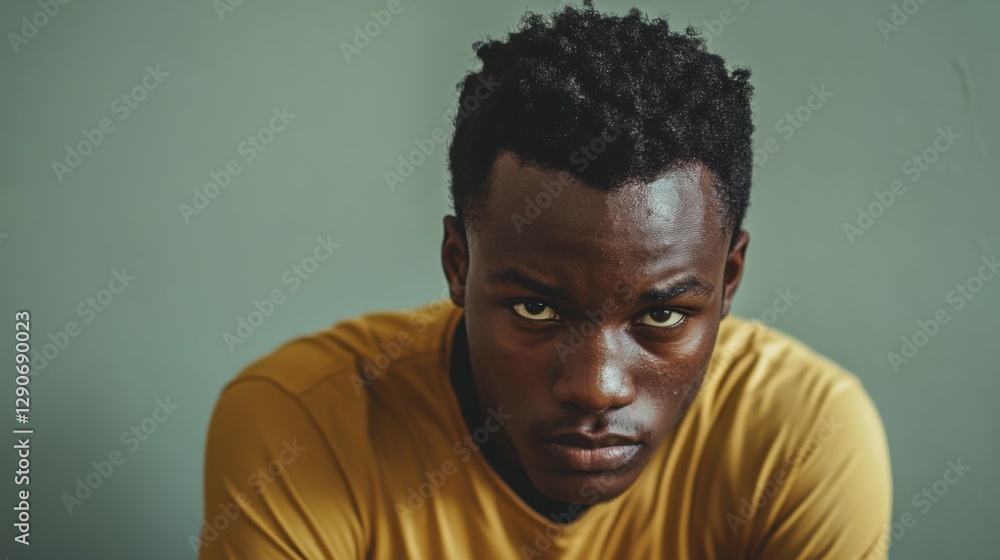 Obraz premium Expressionless African American Man Posing with Calm Expression, Copy Space