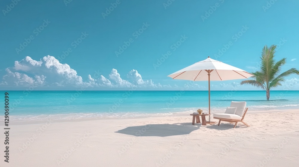 Serene Beach Scene White Parasol Chair Table on Sandy Shore Turquoise Ocean Palm Tree Serene Beach Scene White Parasol Chair Table on Sandy Shore Turquoise Ocean Palm Tree