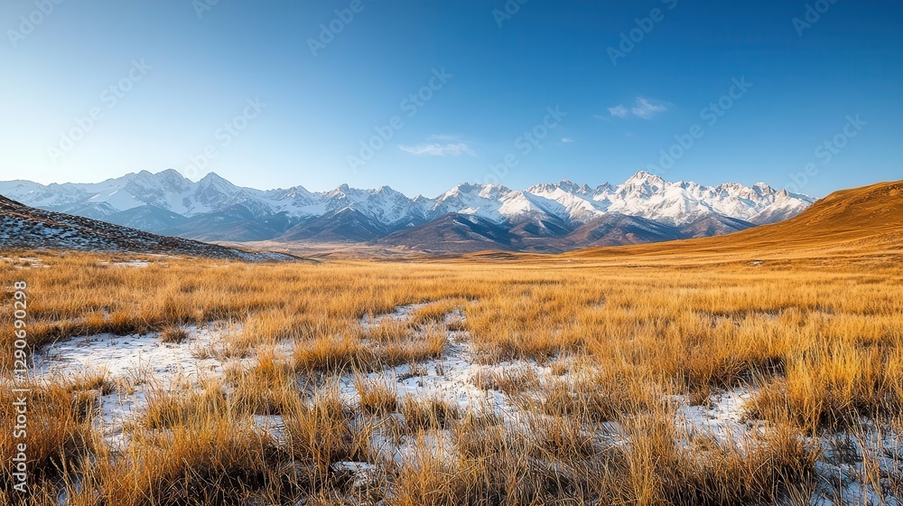 Wideopen plateau with snowcovered meadows leading to distant mountain ranges, under a clear winter sky Wideopen plateau with snowcovered meadows leading to distant mountain ranges, under a clear winter sky