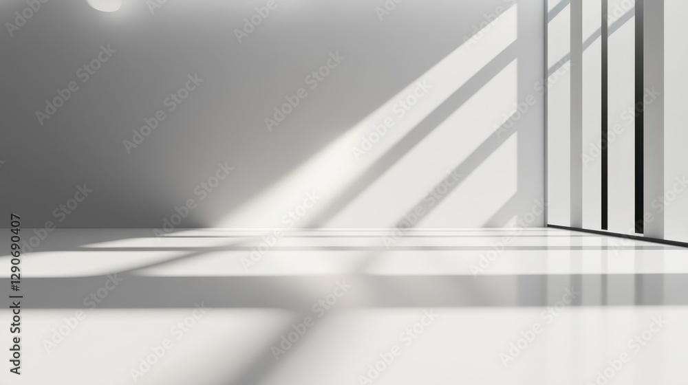 Minimalist white room with sunlight streaming through large windows, creating abstract shadows. Minimalist white room with sunlight streaming through large windows, creating abstract shadows.