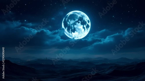 Night sky with full moon for background, concept of horror, Halloween, mystery and nature. Dramatic spooky clouds in moonlight from full moon. Dark gothic sky wallpaper.
