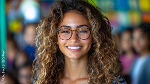 Confident Young Woman with Curly Hair and Glasses Smiling