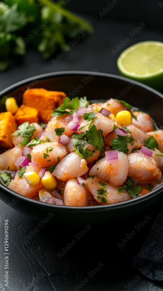 Enjoying vibrant Peruvian ceviche with fresh fish, lime, red onions, and cilantro alongside sweet potato and corn on a sunny day Enjoying vibrant Peruvian ceviche with fresh fish, lime, red onions, and cilantro alongside sweet potato and corn on a sunny day
