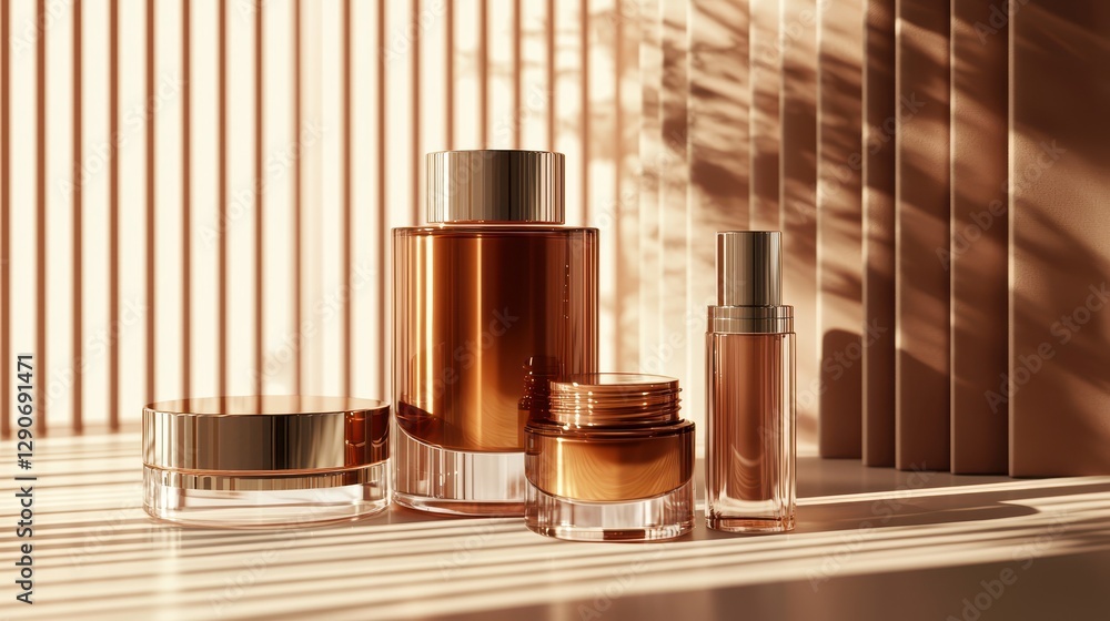 Fototapeta premium Inclusive cosmetics pattern on brown background. A collection of elegant skincare products displayed on a surface, illuminated by soft natural light creating beautiful shadows.