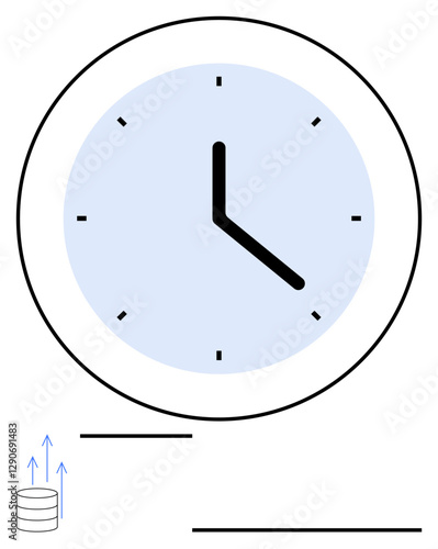 Large clock with blue face and black hands above a database stack with upward arrows. Ideal for time management, data transfer, productivity, backup planning, scheduling, technology, abstract line