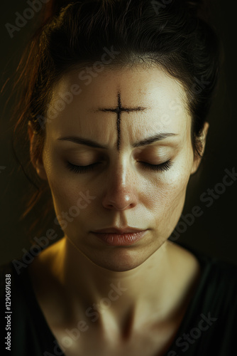 Wallpaper Mural Close up portrait of a young woman. Ash Wednesday. Woman with her eyes closed, ash cross marked on her forehead Torontodigital.ca