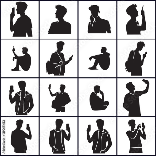 silhouettes of people taking selfies on a white background