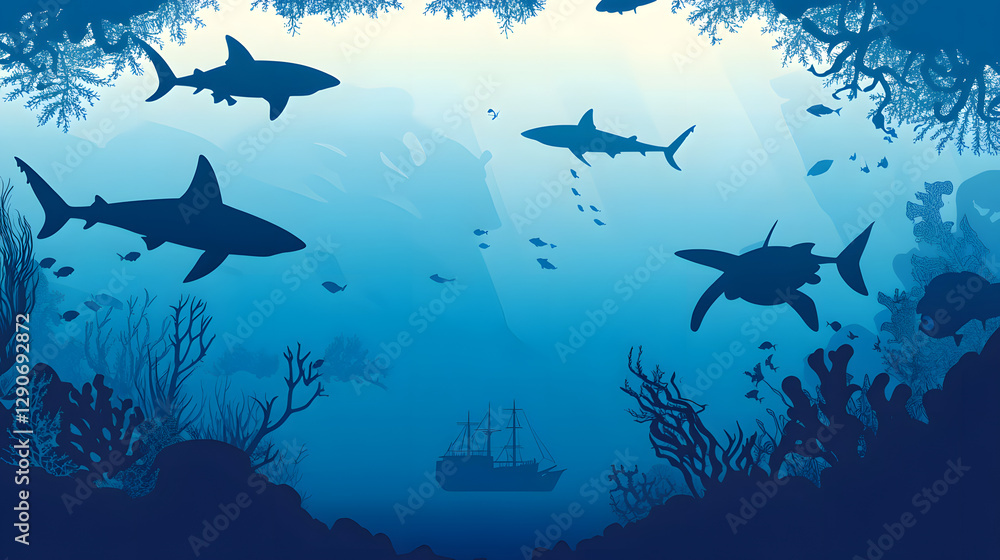 Obraz premium A vector illustration of silhouettes of sea creatures swimming in the ocean, including sharks and turtles 