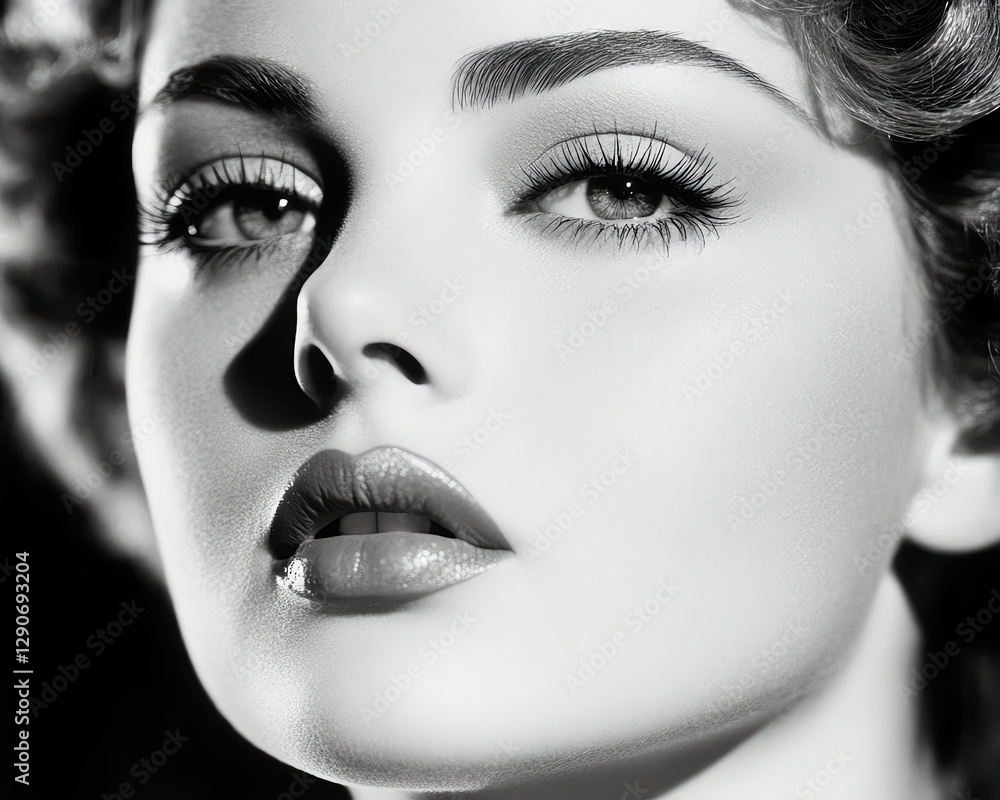 Fototapeta premium A stunning black and white portrait of a woman with captivating features and expressive eyes showcasing classic beauty.