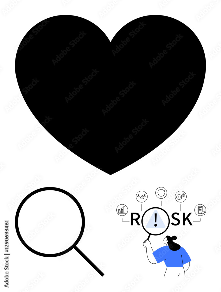 Heart icon, magnifying glass, and person investigating RISK with icons of finance, health, and technology. Ideal for love, analysis, decision-making, strategy risk management research abstract Heart icon, magnifying glass, and person investigating RISK with icons of finance, health, and technology. Ideal for love, analysis, decision-making, strategy risk management research abstract