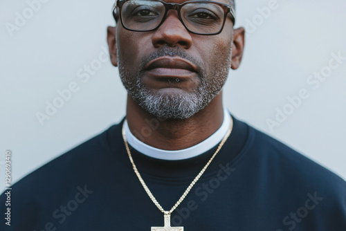 Portrait of confident priest wearing glasses and cross necklace