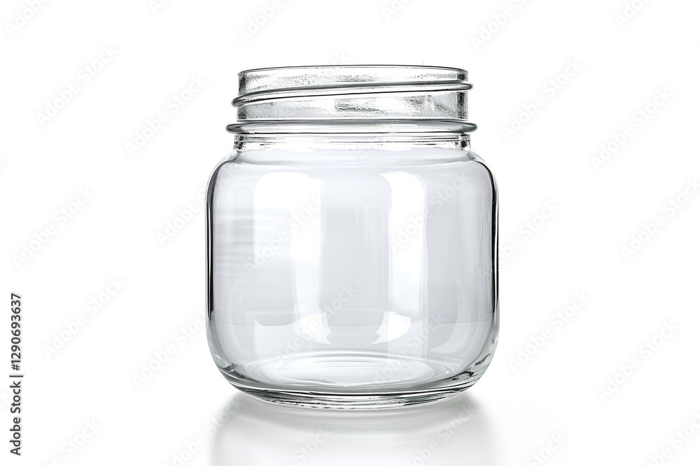 Empty clear glass jar on a white background, concept: storage, canning, preserving, homemade products, kitchenware, recycling, DIY projects, product packaging, container, craft supplies Empty clear glass jar on a white background, concept: storage, canning, preserving, homemade products, kitchenware, recycling, DIY projects, product packaging, container, craft supplies