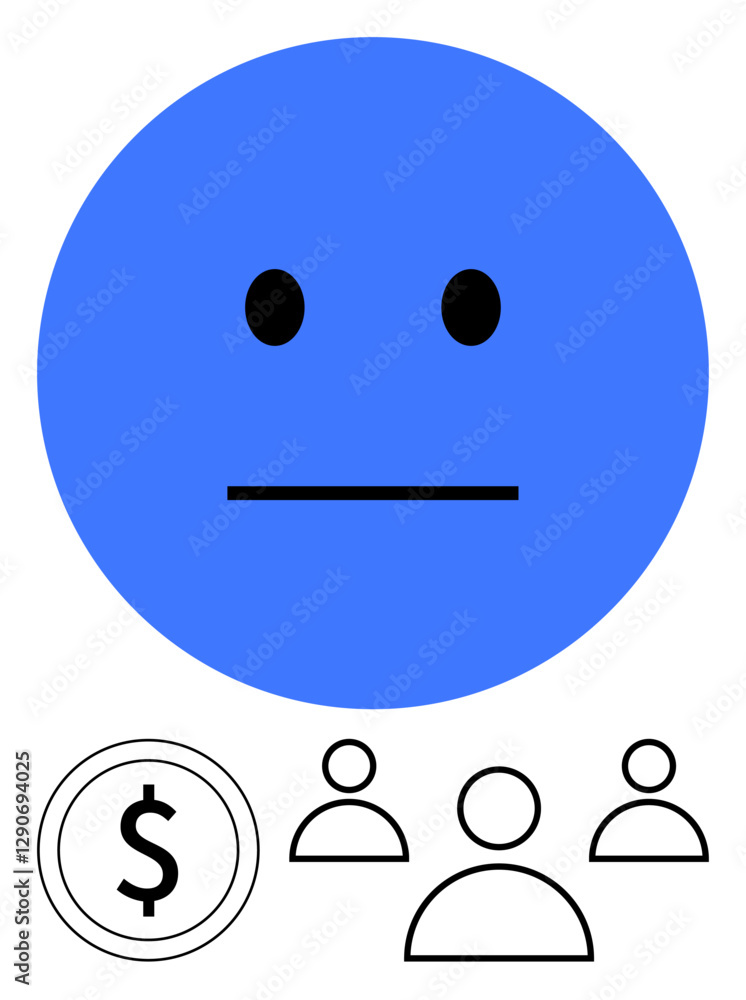 Blue neutral face above a dollar sign and three people icons indicating financial decisions, team collaboration, or emotional detachment. Ideal for finance, teamwork, emotions, business concepts Blue neutral face above a dollar sign and three people icons indicating financial decisions, team collaboration, or emotional detachment. Ideal for finance, teamwork, emotions, business concepts