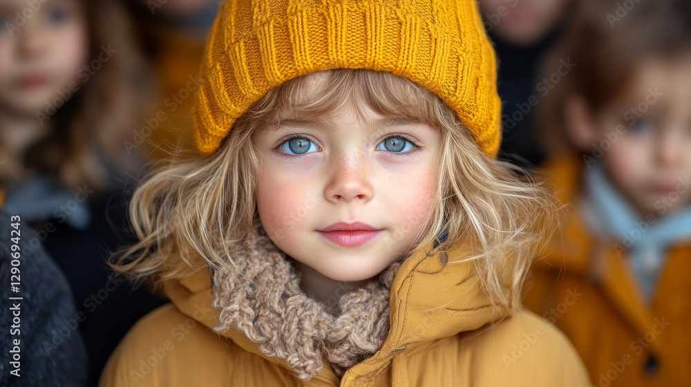 Adorable Little Girl in Yellow Winter Hat and Jacket Adorable Little Girl in Yellow Winter Hat and Jacket