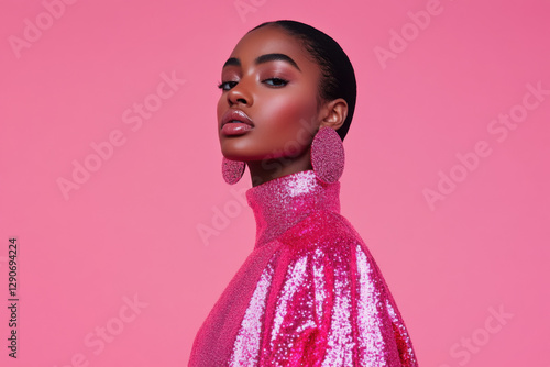 Fashion model posing in pink sequin dress and earrings on pink background