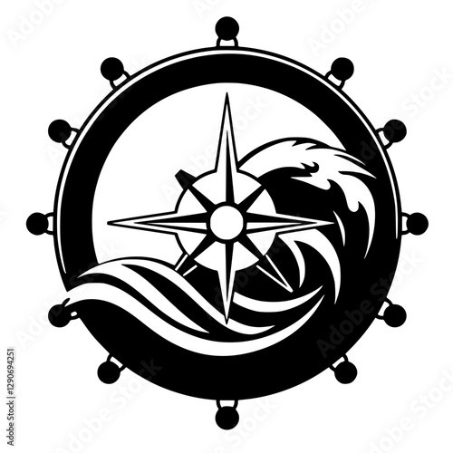 Black and white logo of a ship's wheel, a compass rose, and waves.