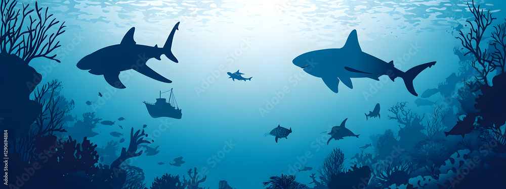 Obraz premium A vector illustration of silhouettes of sea creatures swimming in the ocean, including sharks and turtles