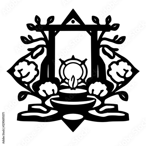 Black and white emblem depicting an altar with a lit candle, surrounded by stylized botanical designs and architectural elements.