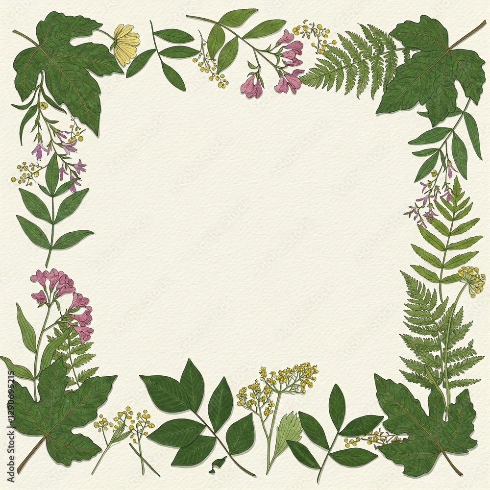 Fototapeta premium Botanical Floral Border Illustration with Green Leaves and Pink Flowers on Cream Background for Invitations or Scrapbooking
