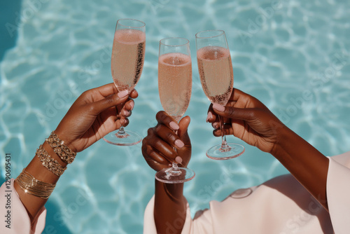 Friends toasting with rose wine by the pool on a sunny day