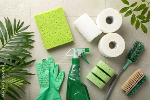 Overhead View of a Pristine Cleaning Station Featuring VA1 Vacuum: Sparkling Cleanliness, Professional Equipment, Home Cleaning Supplies, Organized Workspace, Spotless Surface, Efficient    