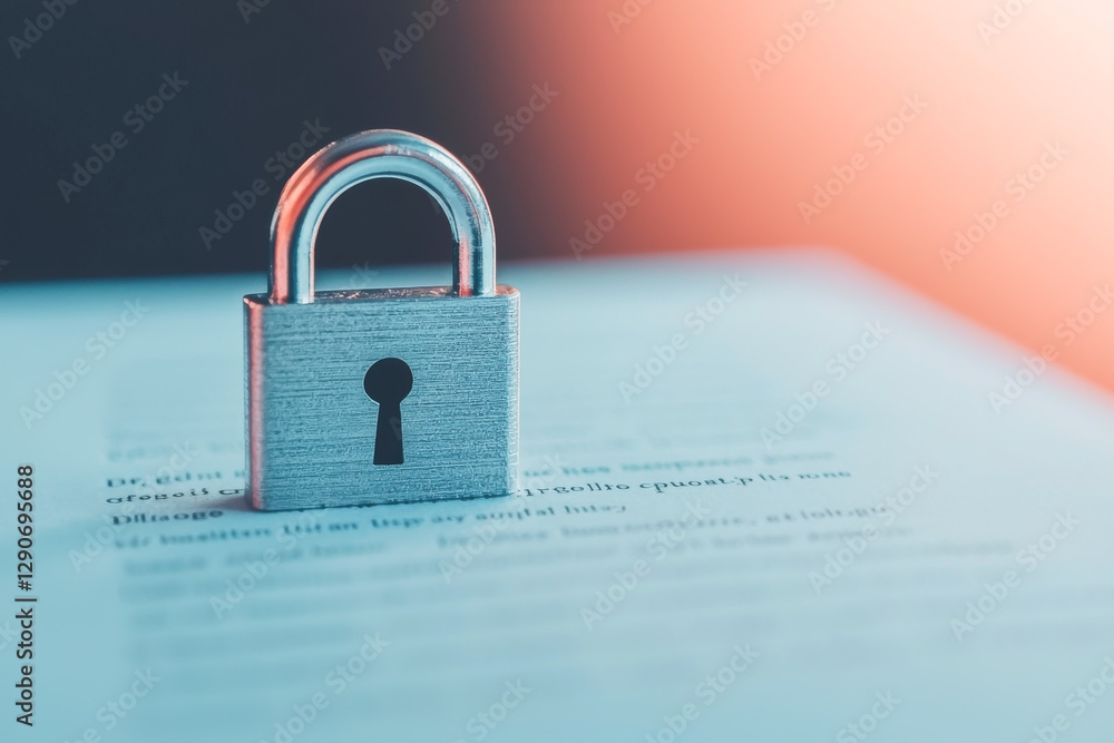 Fototapeta premium A close-up of a silver padlock on a document, symbolizing security and protection.