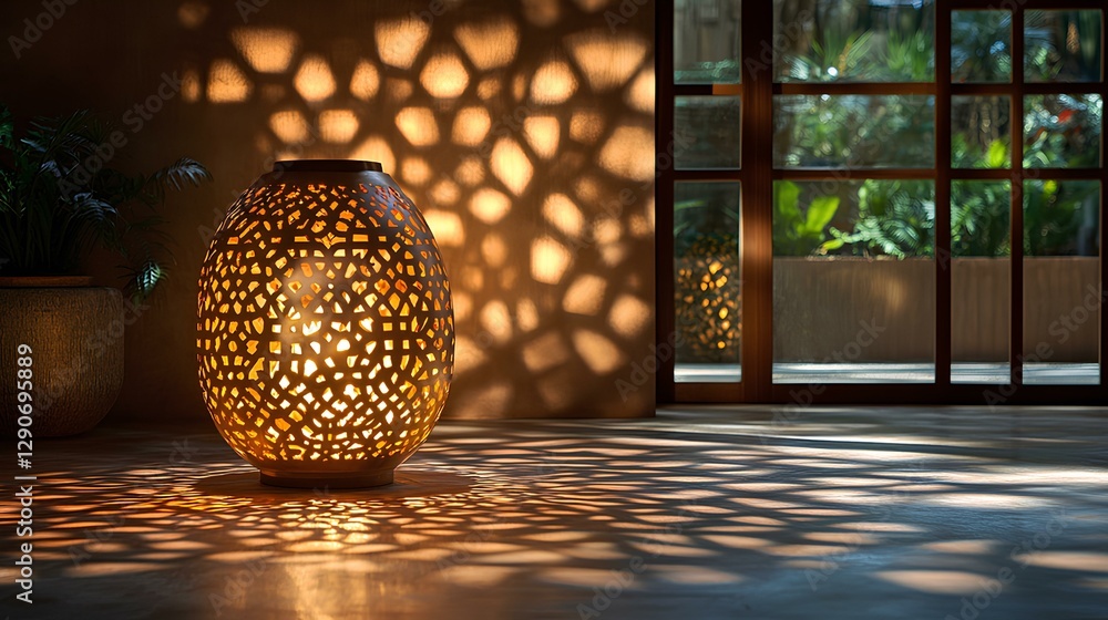 Obraz premium beautifully crafted brass lantern with intricate arabesque patterns, glowing softly in a darkened space