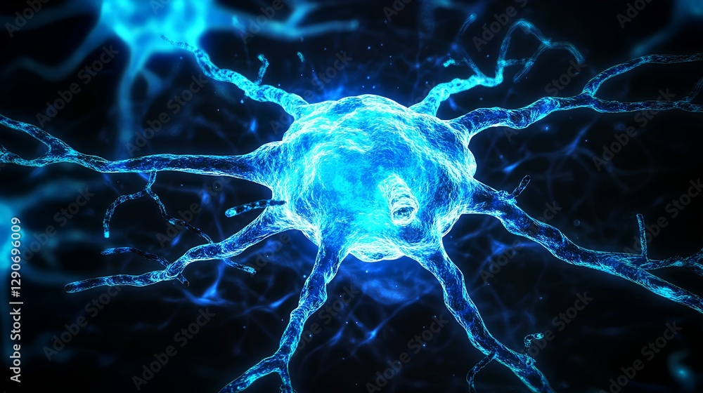 blue neon lights with intricate details, forming the shape of a brain cell in circular symmetry on a black background