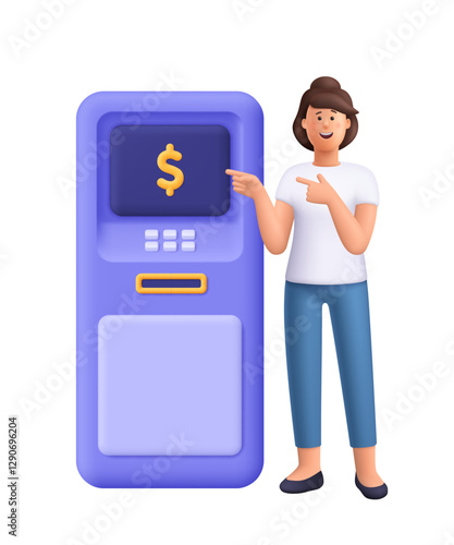 Woman Jane standing near atm,  pointing at ATM machine with dollar sign. Finance, money transaction, cash withdrawal concept. concept. 3d vector people character. Cartoon minimal style.