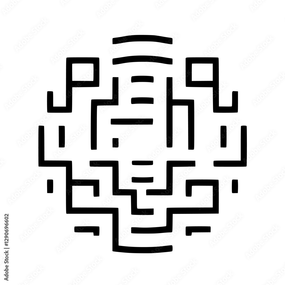 Geometric, circular labyrinth pattern, black and white on a white background, symmetrical design. Geometric, circular labyrinth pattern, black and white on a white background, symmetrical design.