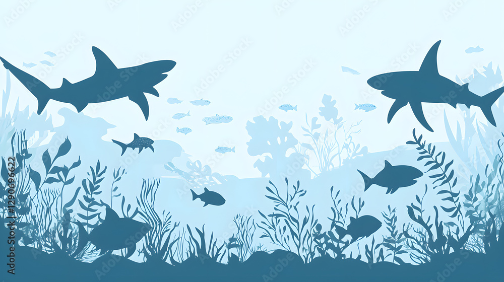 Obraz premium A vector illustration of silhouettes of sea creatures swimming in the ocean, including sharks and turtles 