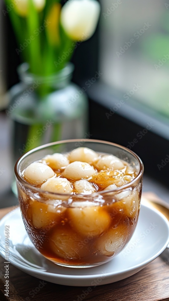 Delightful dan ta served in a glass bowl with sweet syrup and chewy texture, capturing the essence of traditional Chinese dessert culture Delightful dan ta served in a glass bowl with sweet syrup and chewy texture, capturing the essence of traditional Chinese dessert culture