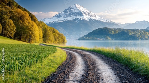 Winding country road by lake with mountains