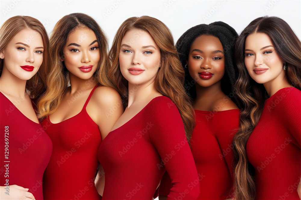 A group of four women in matching red outfits smile and pose together. This vibrant, friendly image highlights the joy and warmth of female friendship in a celebratory moment. A group of four women in matching red outfits smile and pose together. This vibrant, friendly image highlights the joy and warmth of female friendship in a celebratory moment.