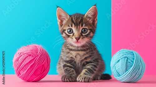 Wallpaper Mural Adorable Kitten with Pink and Blue Yarn Balls on Colorful Background Torontodigital.ca