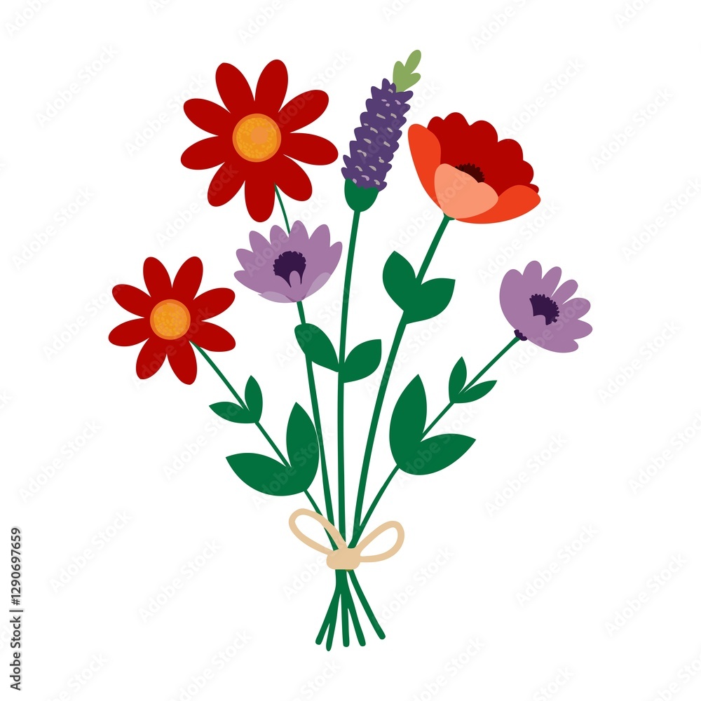 A mix of daisies, lavender, and poppies arranged loosely with a rustic twine wrap A mix of daisies, lavender, and poppies arranged loosely with a rustic twine wrap
