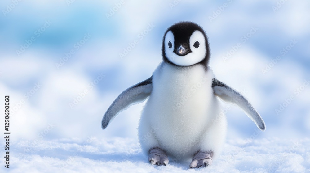 Fototapeta premium Adorable baby penguin waddling on the snow with a soft icy blue background
