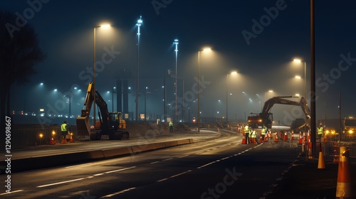Night Road Construction with Heavy Machinery and Workers