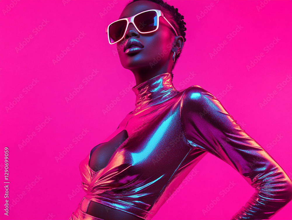 Fototapeta premium Model poses in vibrant outfit with striking sunglasses