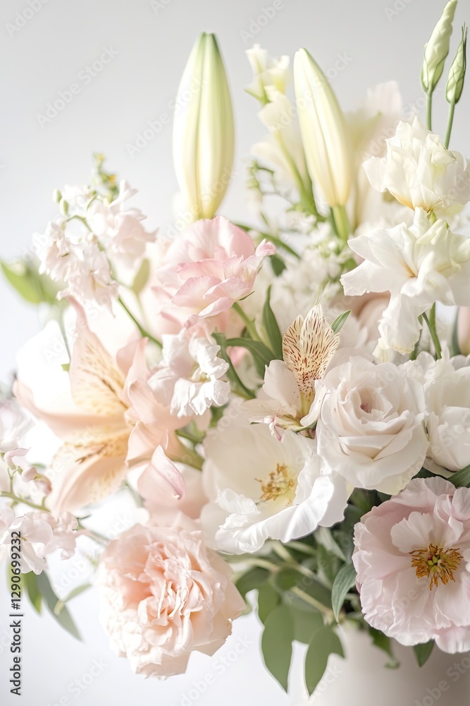 Elegant floral arrangement features soft pastel hues, showcasing Elegant floral arrangement features soft pastel hues, showcasing