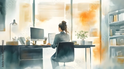 Wallpaper Mural Woman Working at Home Office Desk Watercolor Style Illustration Torontodigital.ca