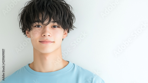 ウェーブヘアがトレンディな日本人10代男子のナチュラルポートレート | 青を基調としたスタイル