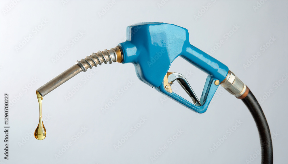 Fuel nozzle with dripping petroleum, isolated white backdrop. Oil industry, gasoline. Fuel nozzle with dripping petroleum, isolated white backdrop. Oil industry, gasoline.