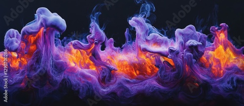 Vivid purple and orange flames create a dramatic contrast against a deep black background showcasing swirling smoke and vibrant colors in motion
