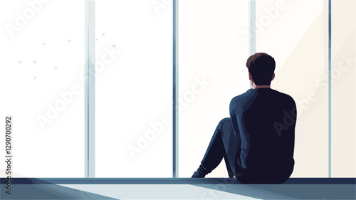 Digital illustration depicting a person sitting on a windowsill with their back to the viewer. The person is dressed in dark clothing and appears to be looking out of a large window. The