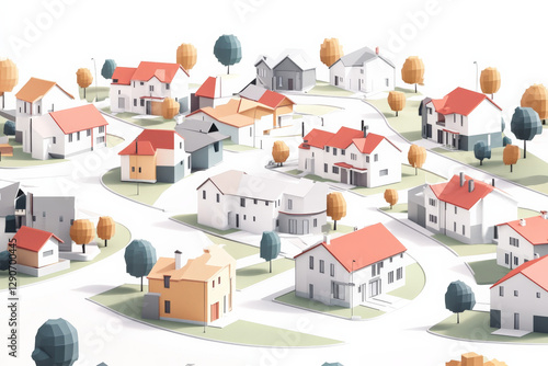 An illustration of a small town in a 3D orthographic style